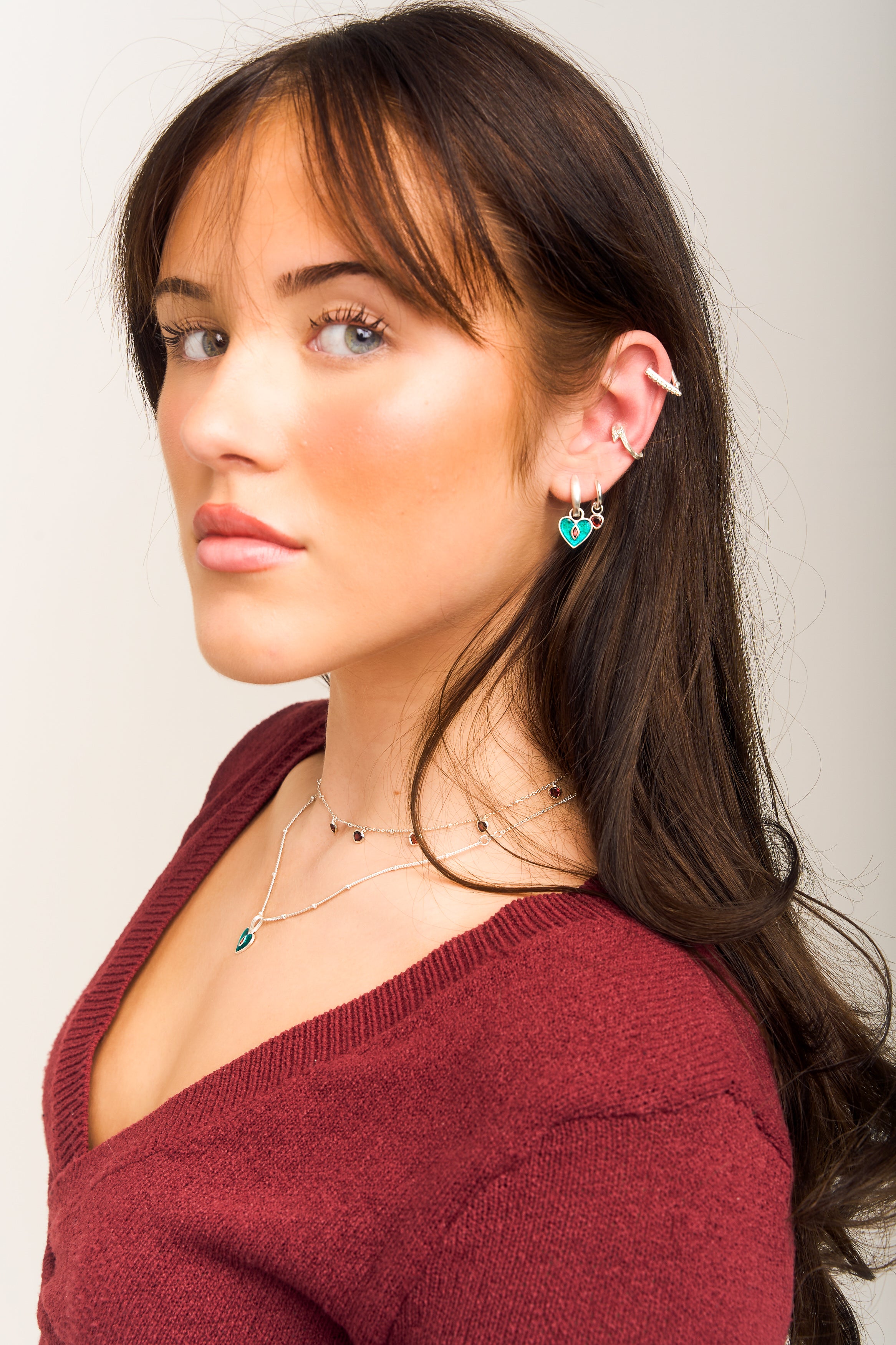 "Garnet" Love Heart Sterling Silver Mini Hoop