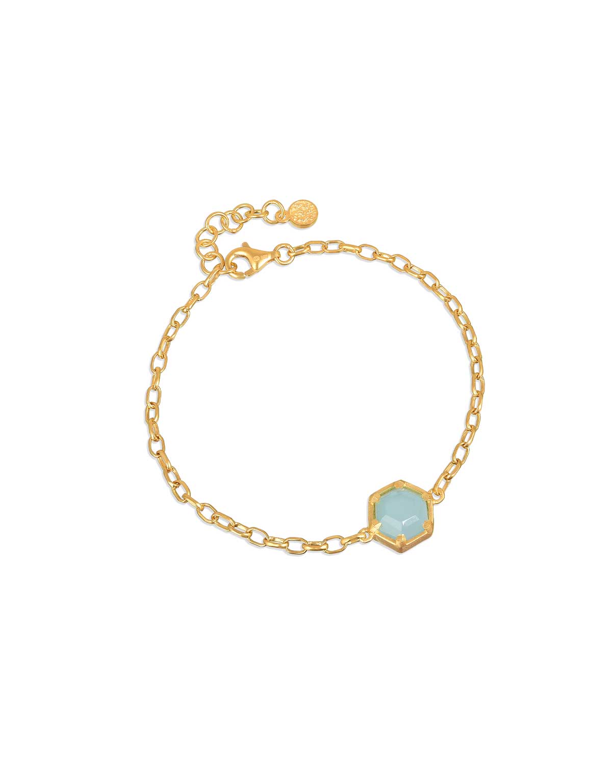 Gold adjustable bracelet with an aqua chalcedony gemstone and polished finish