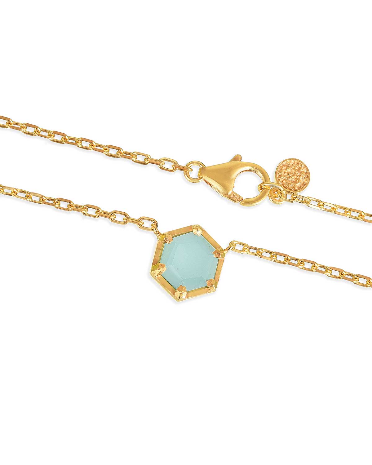 Adjustable gold necklace with an aqua chalcedony gemstone and extended chain