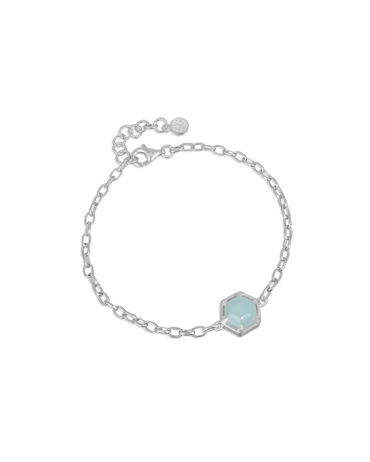 Silver adjustable bracelet with an aqua chalcedony gemstone in a six point setting
