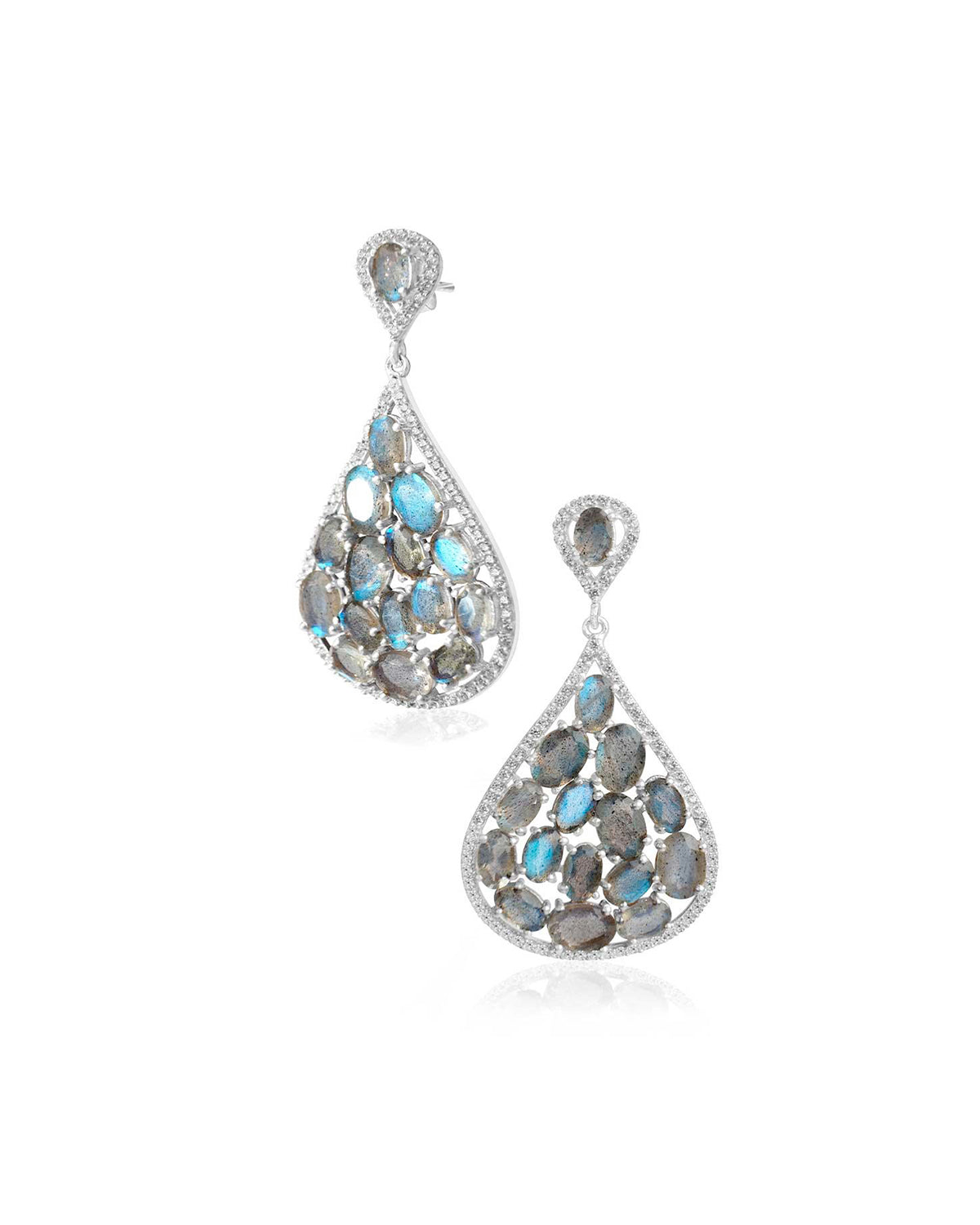 Statement silver earrings with multi-faceted labradorite gemstones and crystal detailing