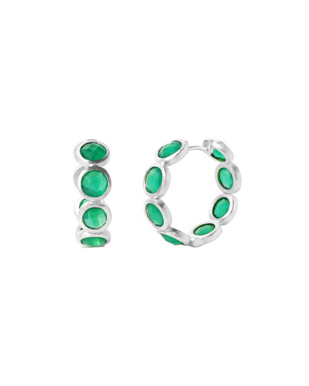 Silver hoop earrings with green emerald gemstones and a polished finish