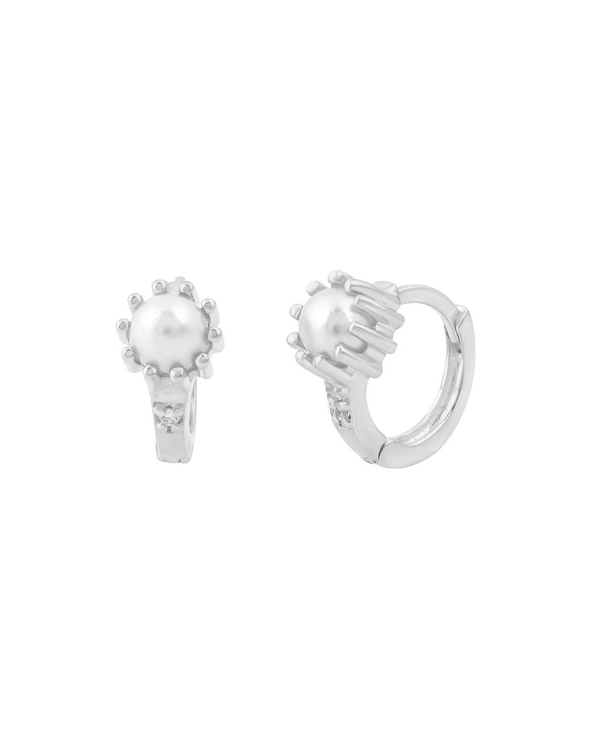 Silver huggie earrings with amethyst, pearl, and labradorite gemstones
