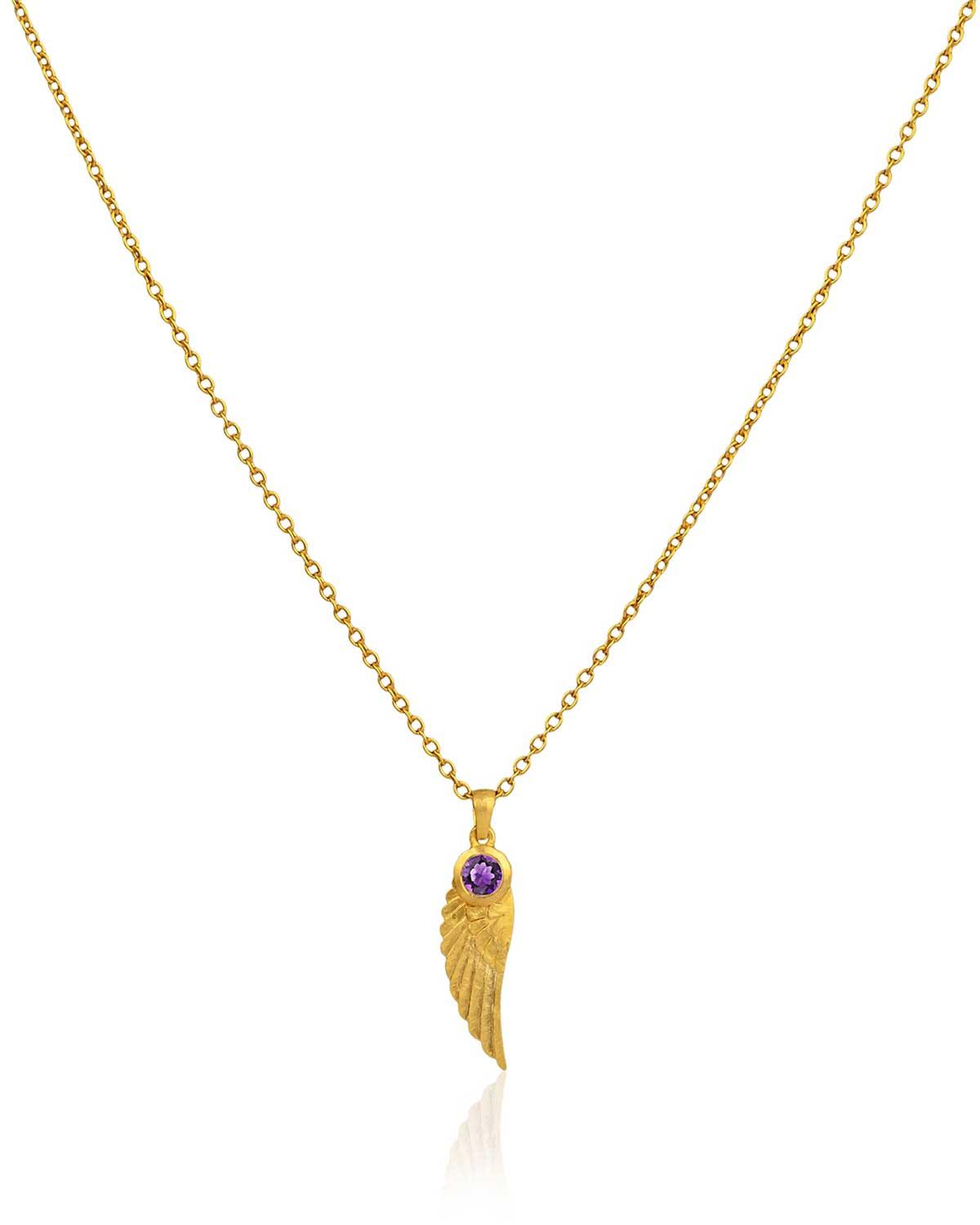 Gold angel wing necklace with natural gemstone pendant