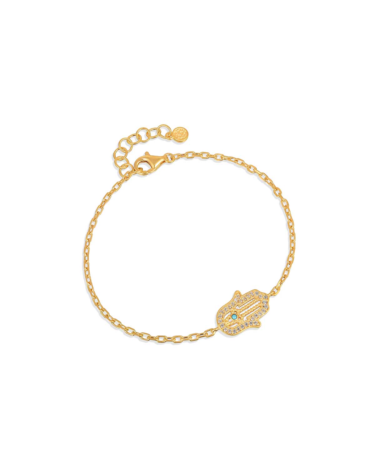 Adjustable gold bracelet with hand charm, turquoise gemstone, and lab diamond details