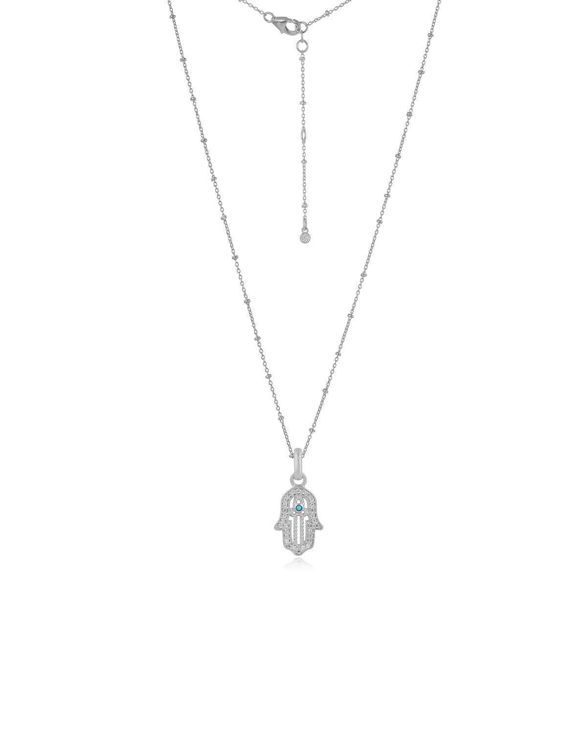 Sterling silver necklace with a hand of blessing pendant and natural turquoise gemstone