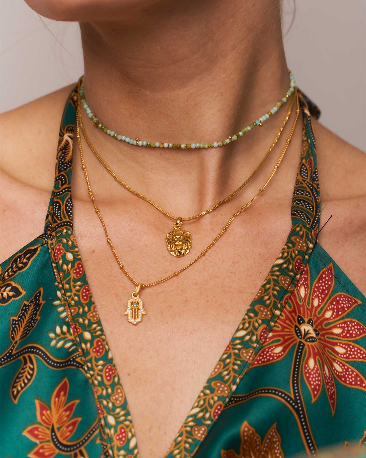 Adjustable gold necklace with hand of blessing pendant, turquoise gemstone, and lab diamonds, ideal gift