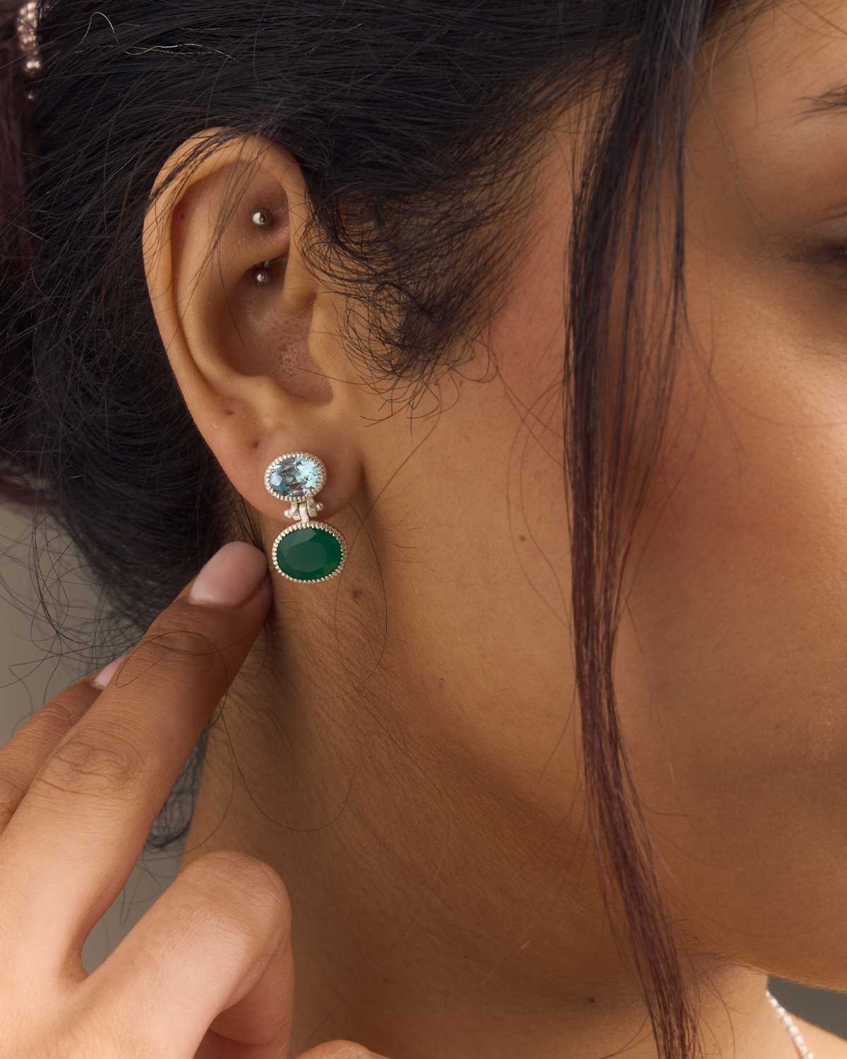 Blue Topaz & Green Onyx Combo Sterling Silver Earrings