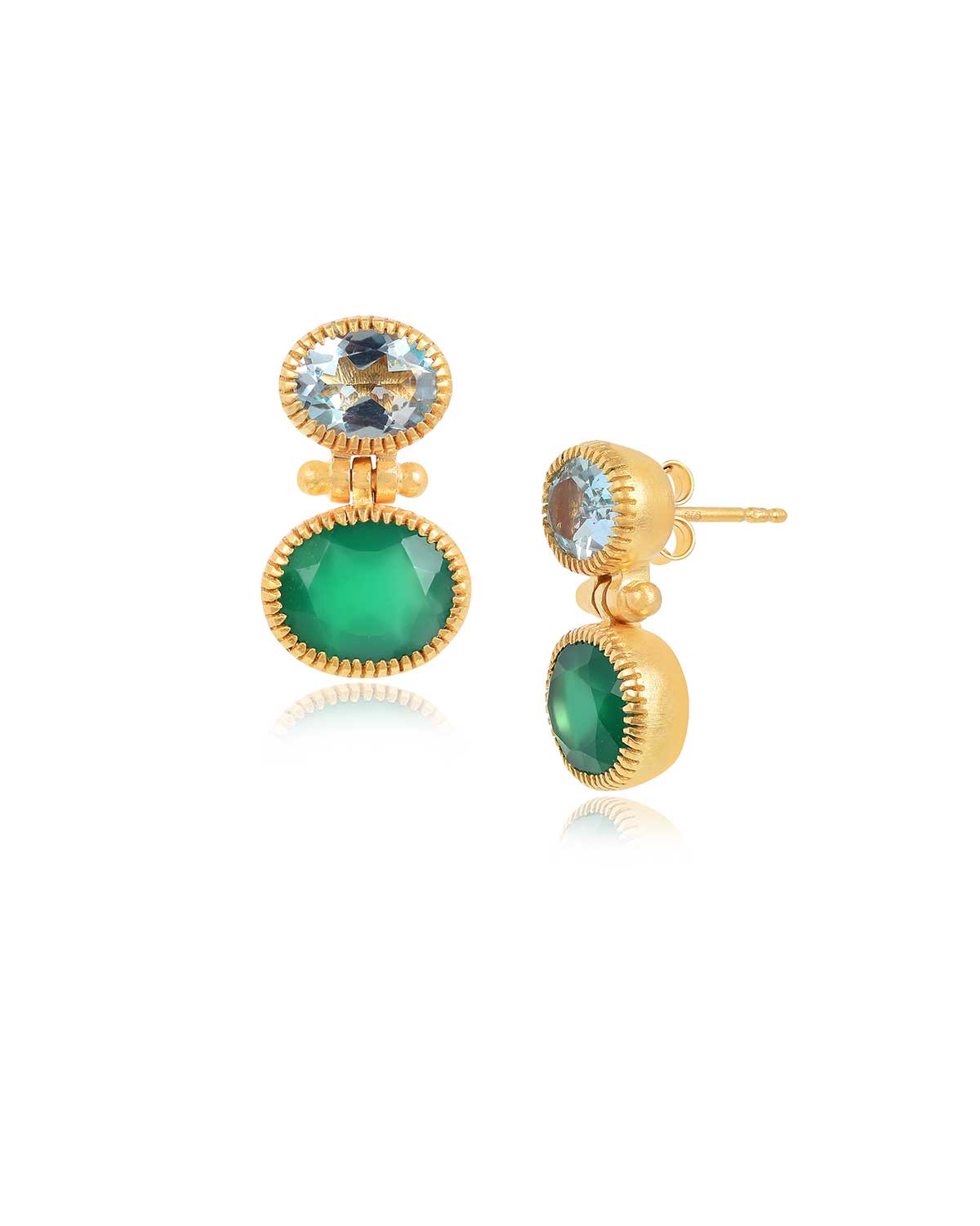 Gold earrings featuring vibrant blue topaz and deep green onyx, front and side view