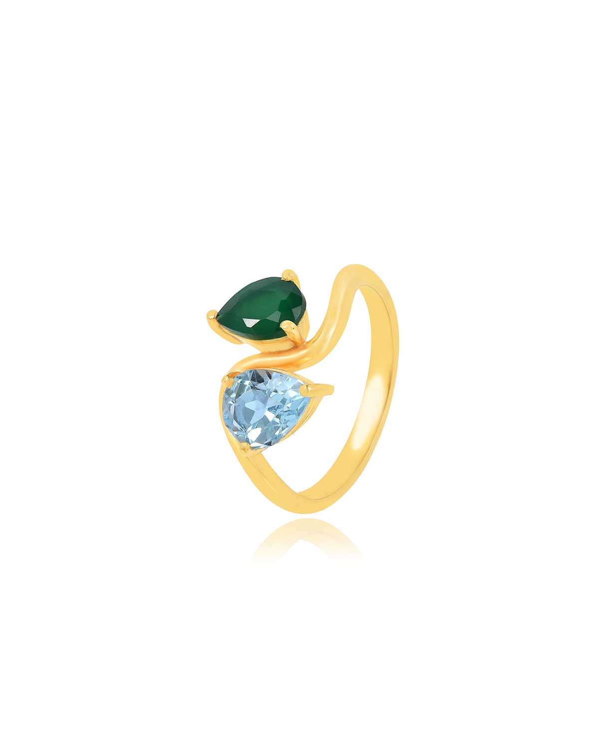 Gold ring with pear-shaped blue topaz and green onyx gemstones