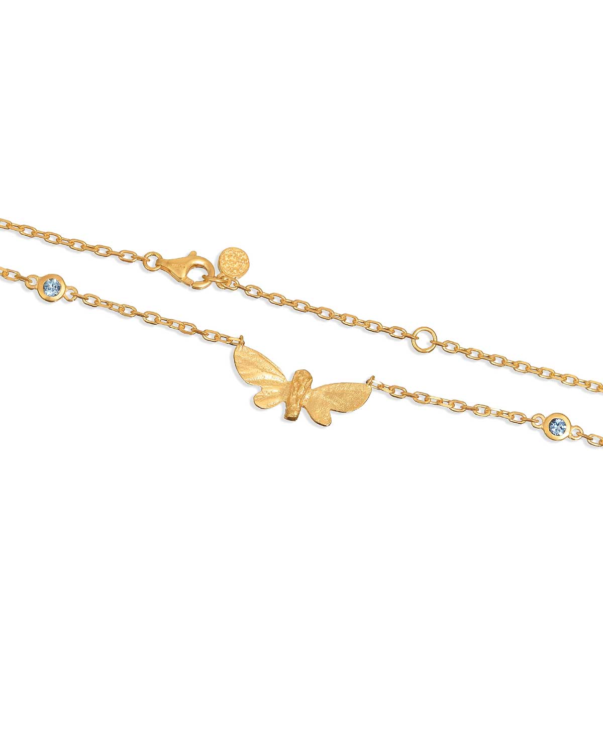 Front view of gold butterfly necklace with colorful gemstones and polished finish