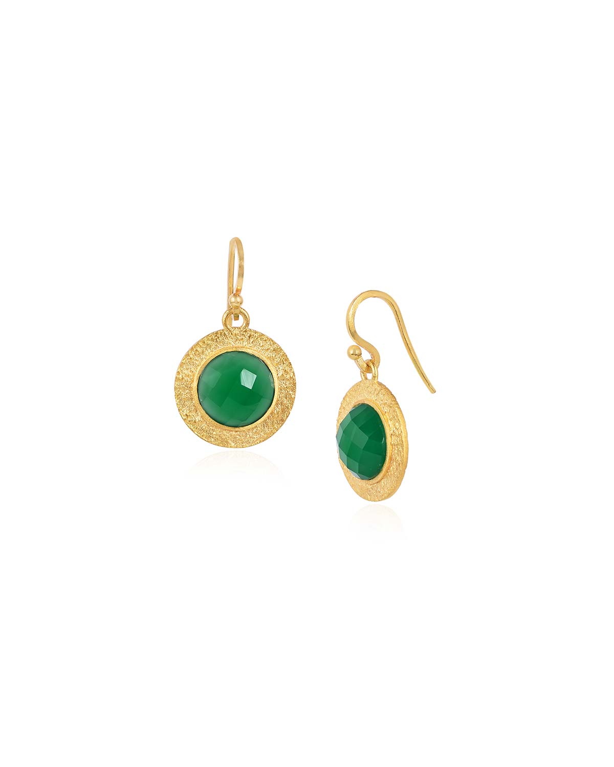 Gold earrings with bold circular green onyx gemstones and polished finish