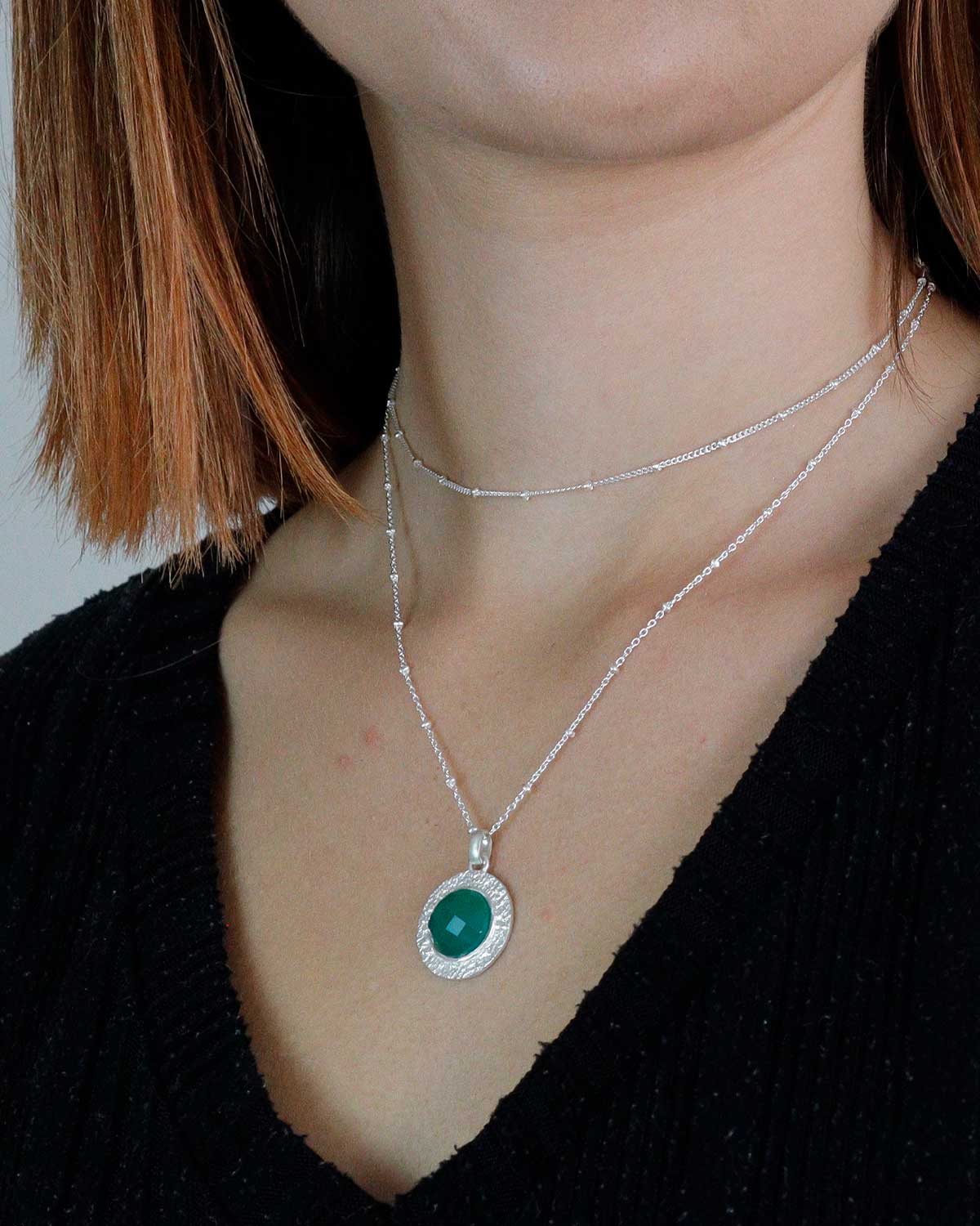 Green onyx silver necklace styled in a layered jewellery look