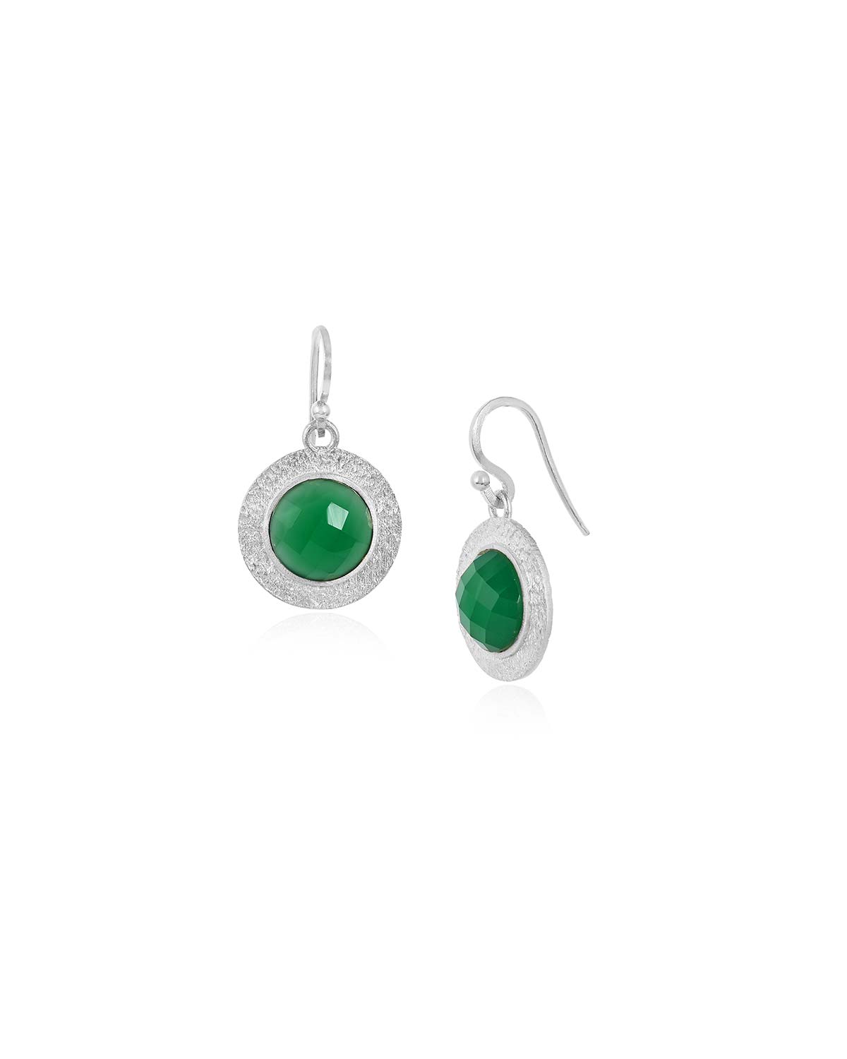 Sterling silver earrings with bold green onyx gemstones and circular design