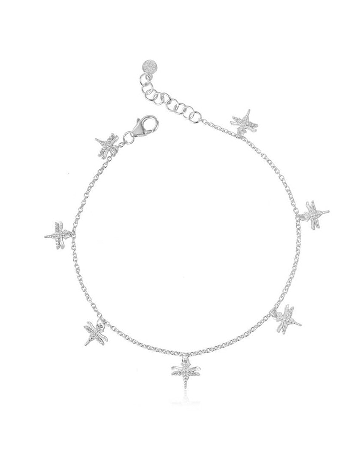 Silver anklet with seven dragonfly charms and tiny crystal details