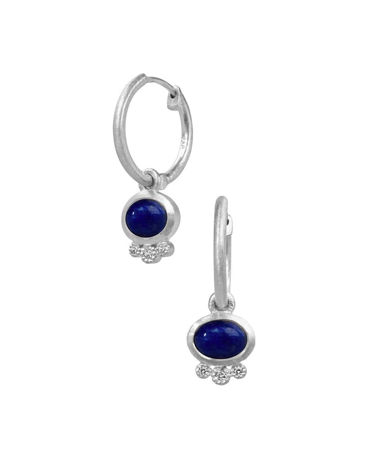Silver mini hoop earrings with lapis lazuli drop charm and polished finish
