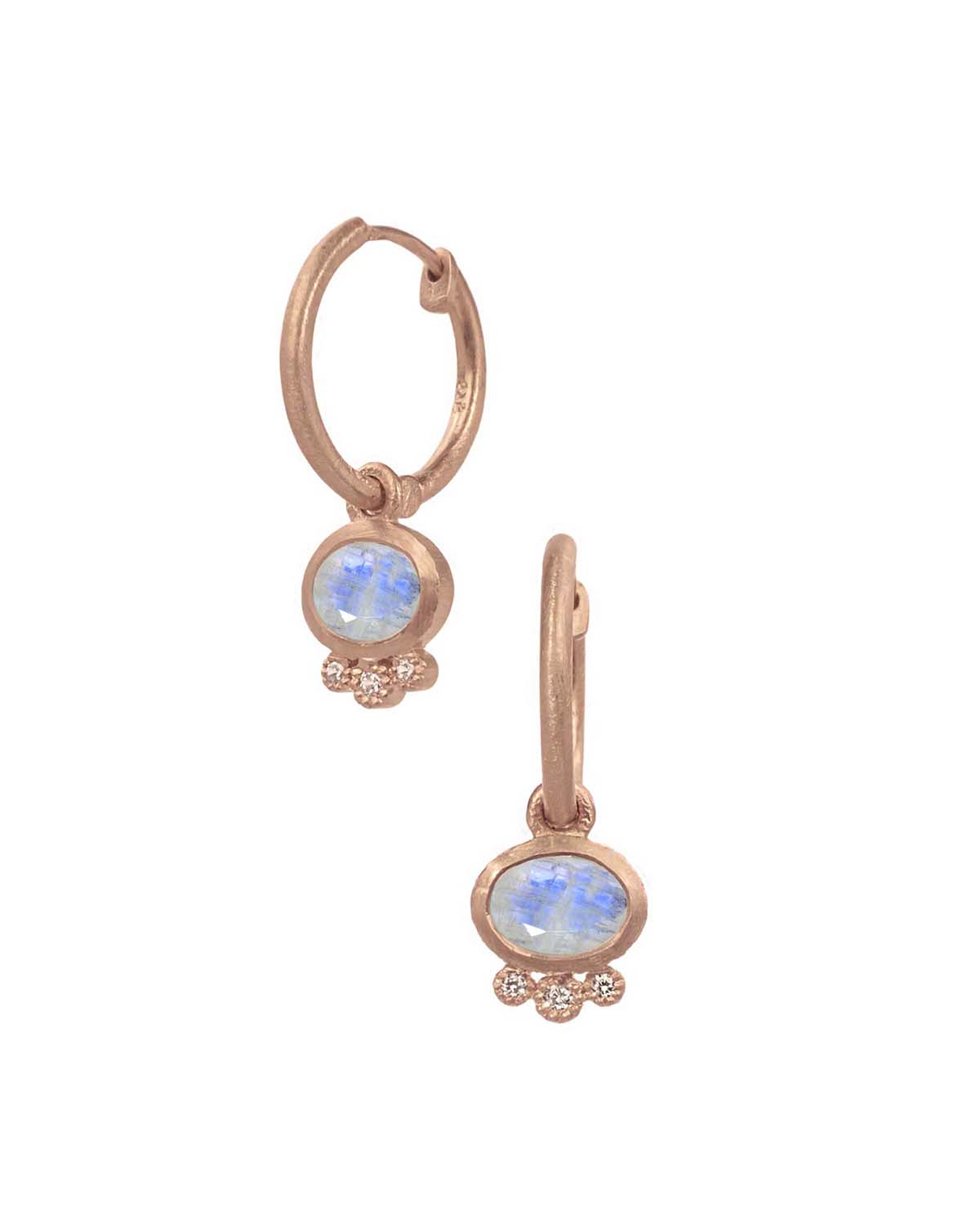Front view of mini hoop earrings with hand-cut moonstone charm