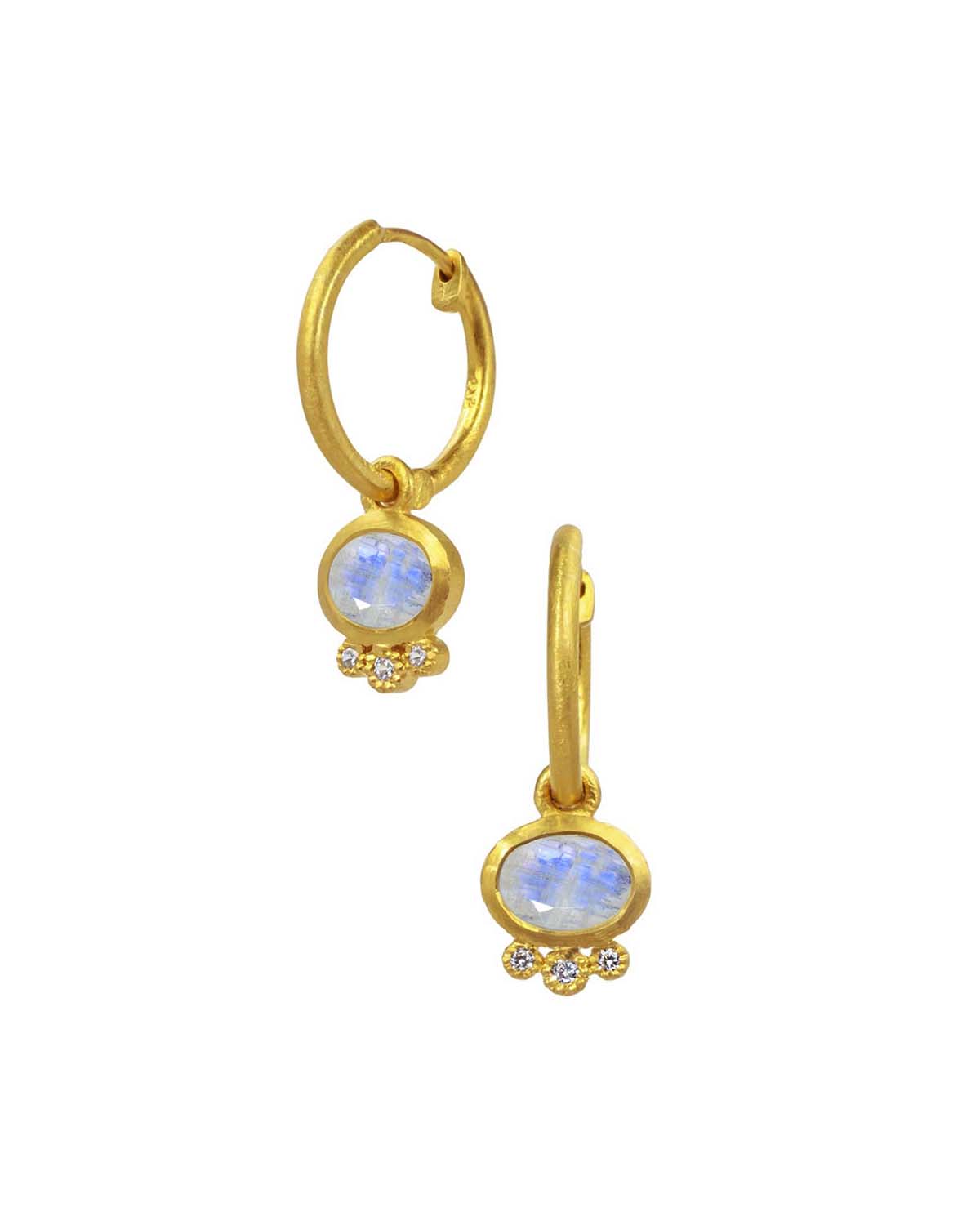 Mini hoop earrings with rainbow moonstone charm and polished finish