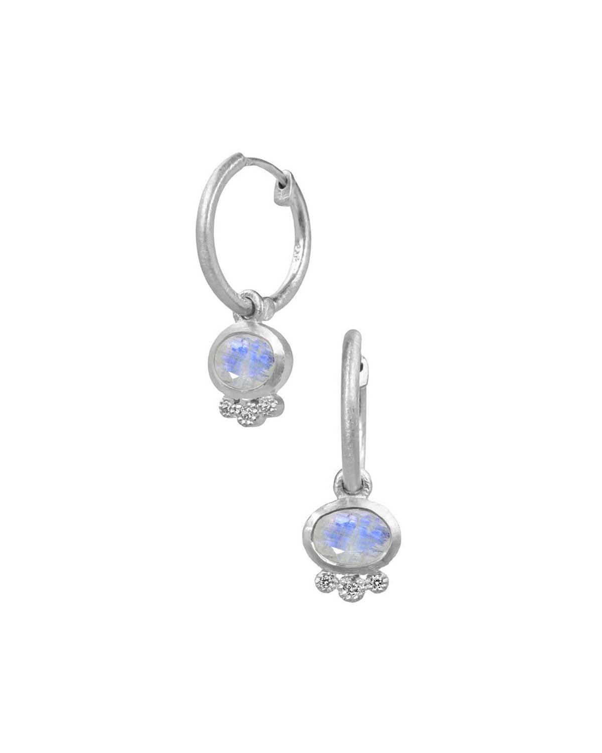 Silver mini hoop earrings with rainbow moonstone charm and crystal detailing