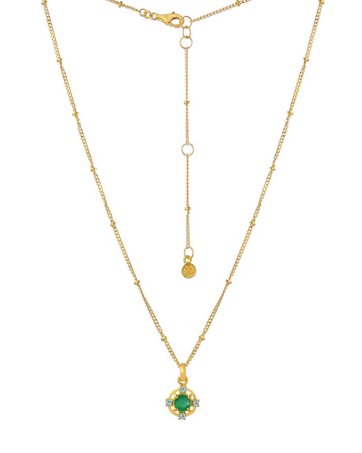 Gold necklace with green onyx and blue topaz gemstones in a duo design