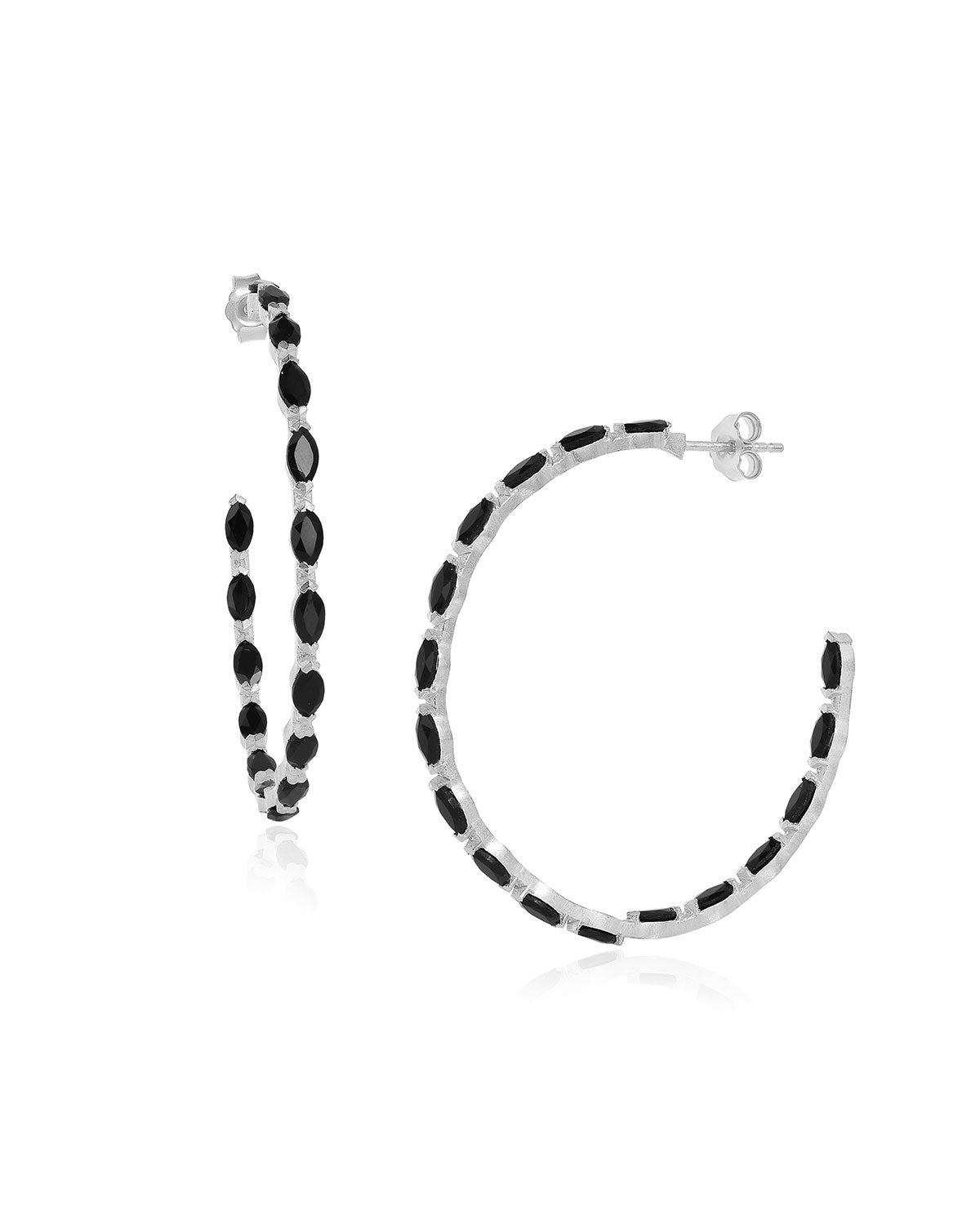 Silver hoop earrings with marquise-cut black spinel gemstones and a polished finish