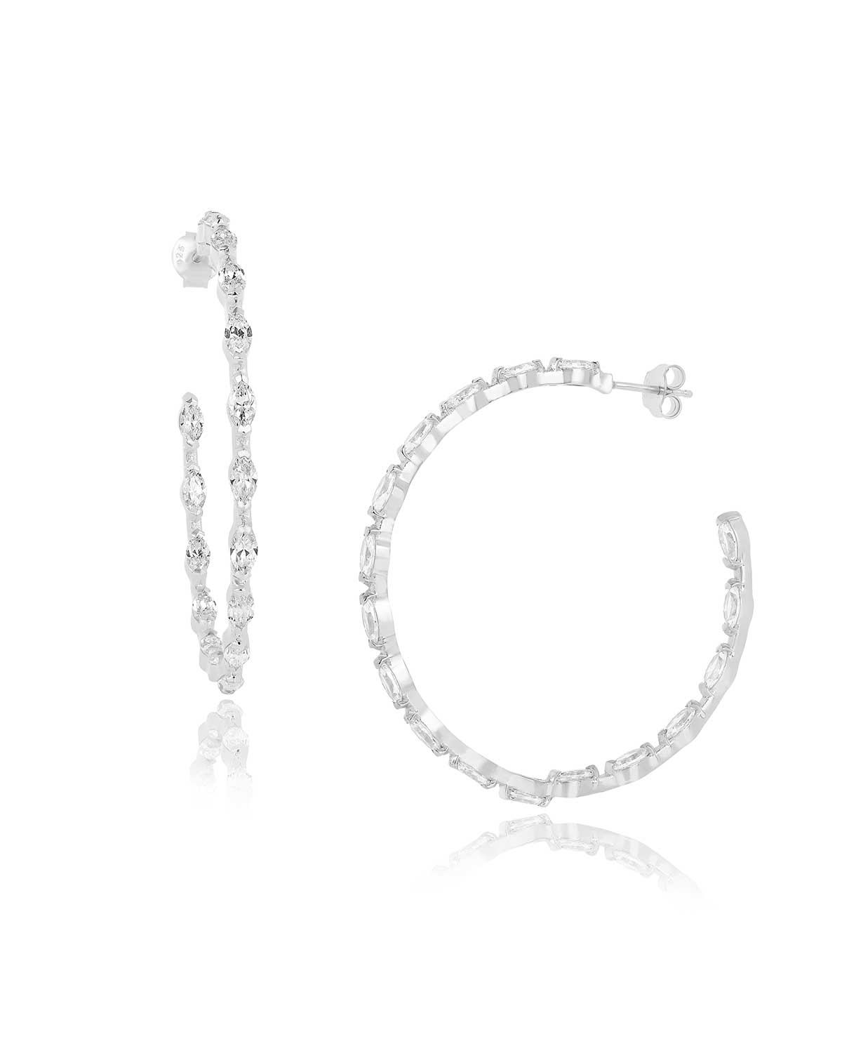 Sparkling silver hoop earrings with front and side view