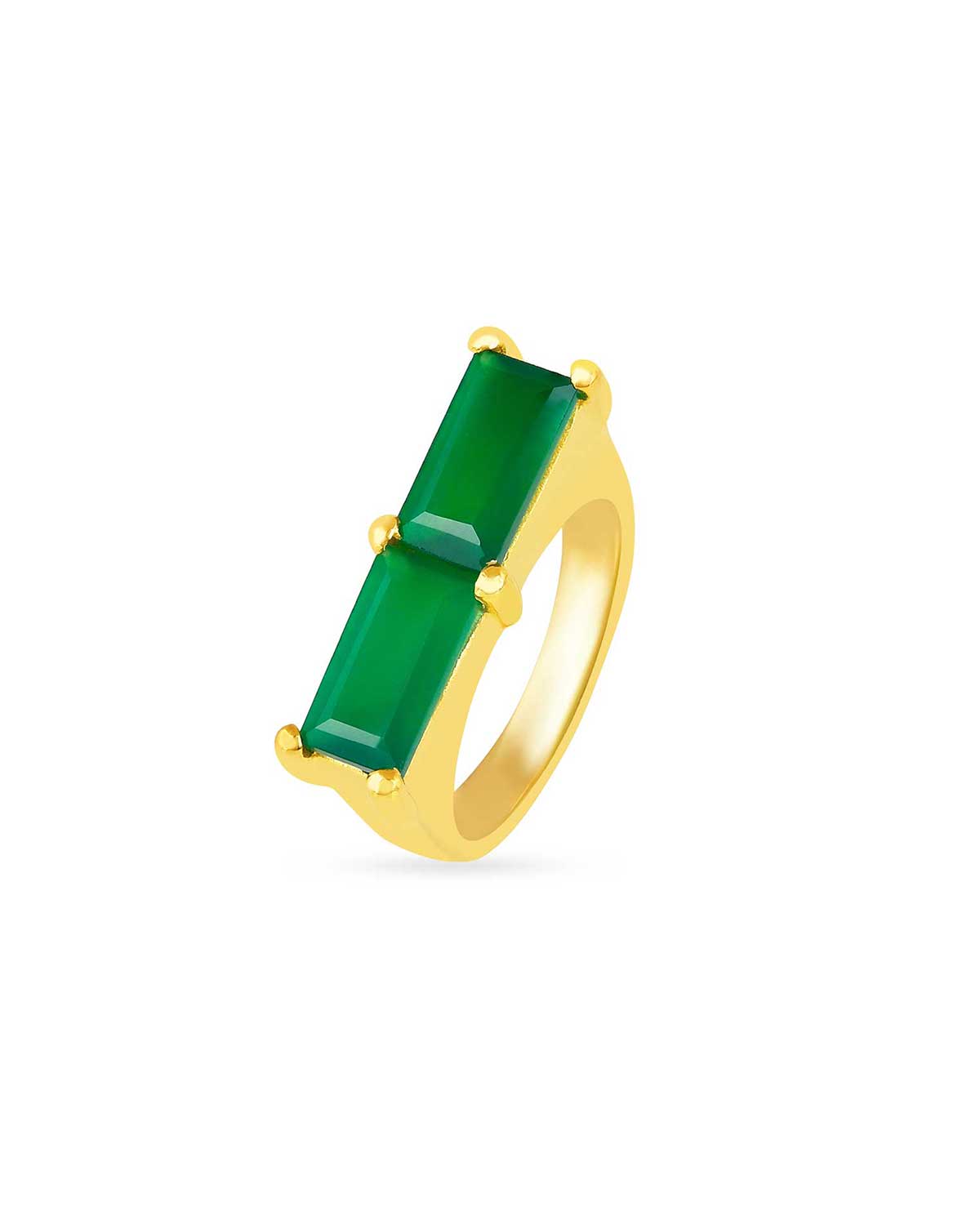 Bold gold ring with a green onyx gemstone and polished finish