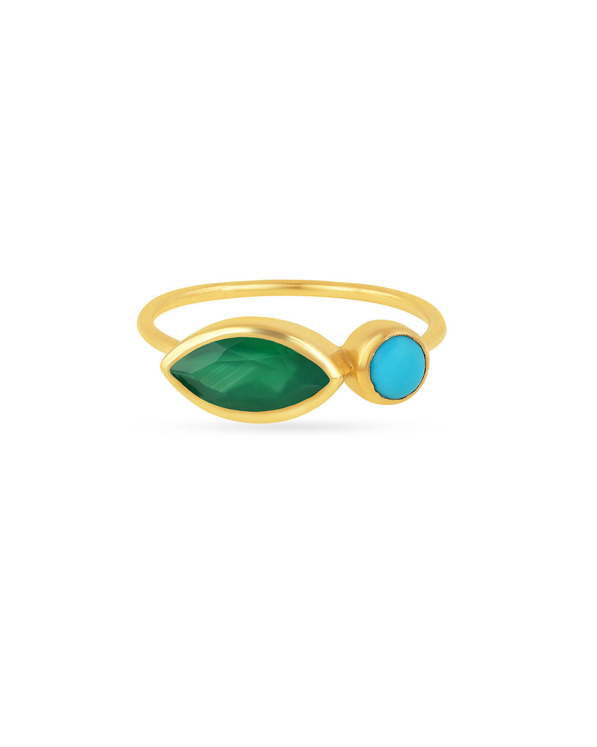 Gold rings with uniquely shaped green onyx and turquoise gemstones