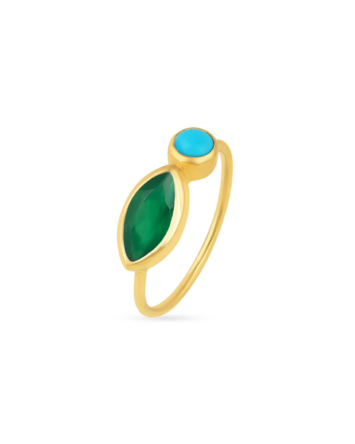 Gold rings with green onyx and turquoise gemstones in a unique matching design