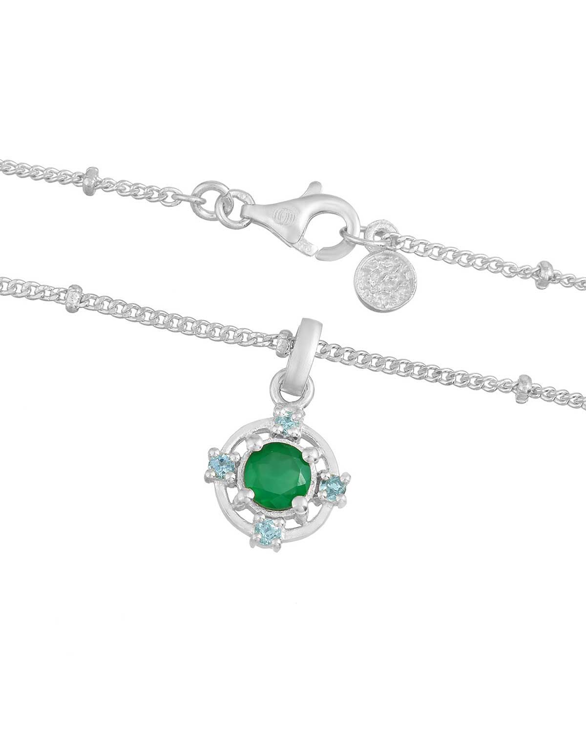 Silver necklace with green onyx and london blue topaz gemstones