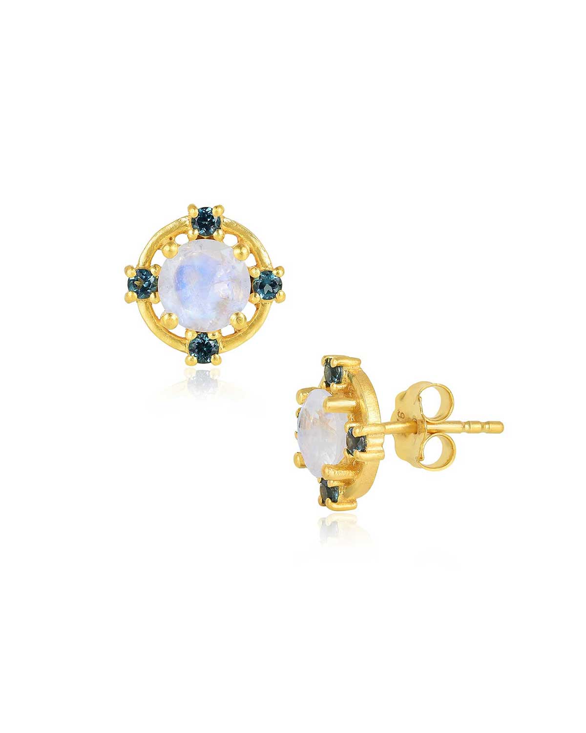 Gold stud earrings with rainbow moonstone and blue topaz gemstones