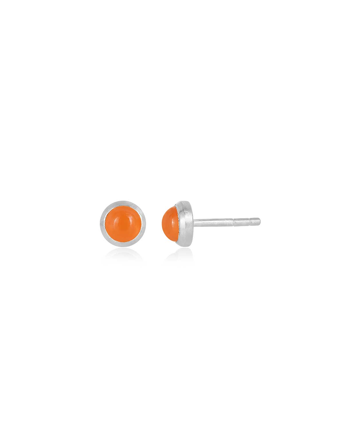 Front and side view of carnelian gemstone stud earrings in a simple round setting
