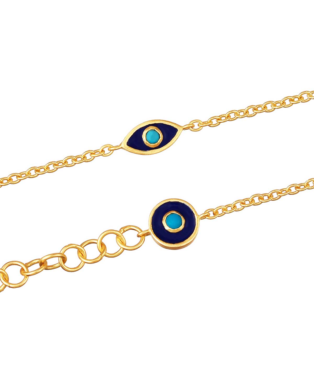 Close-up of evil eye bracelet with turquoise stone and enamel detail