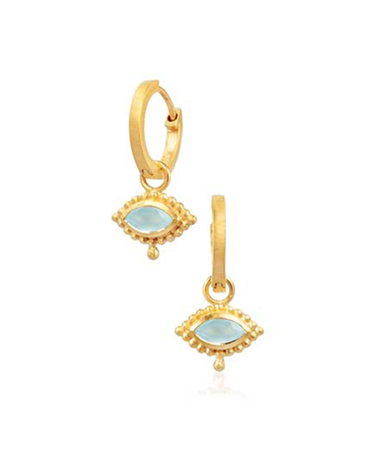 Gold mini hoop earrings with eye design and natural amethyst gemstone charm