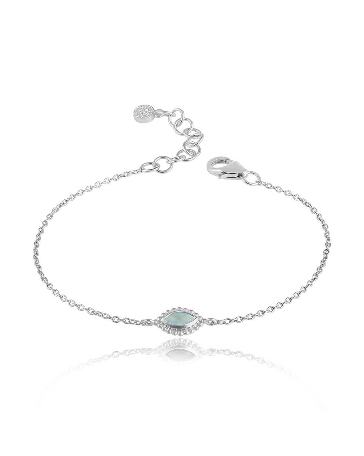 Front view of silver bracelet with mixed gemstone charms