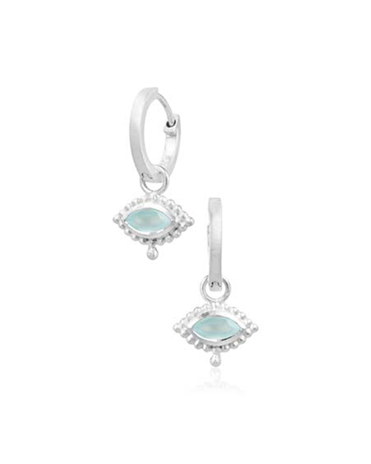 Front view of silver mini hoop earrings with eye motif and gemstone