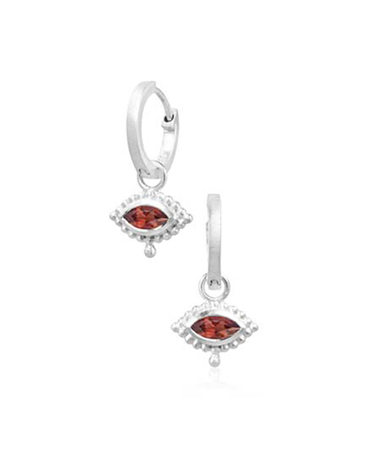 Silver mini hoop earrings with eye design and amethyst gemstone charm