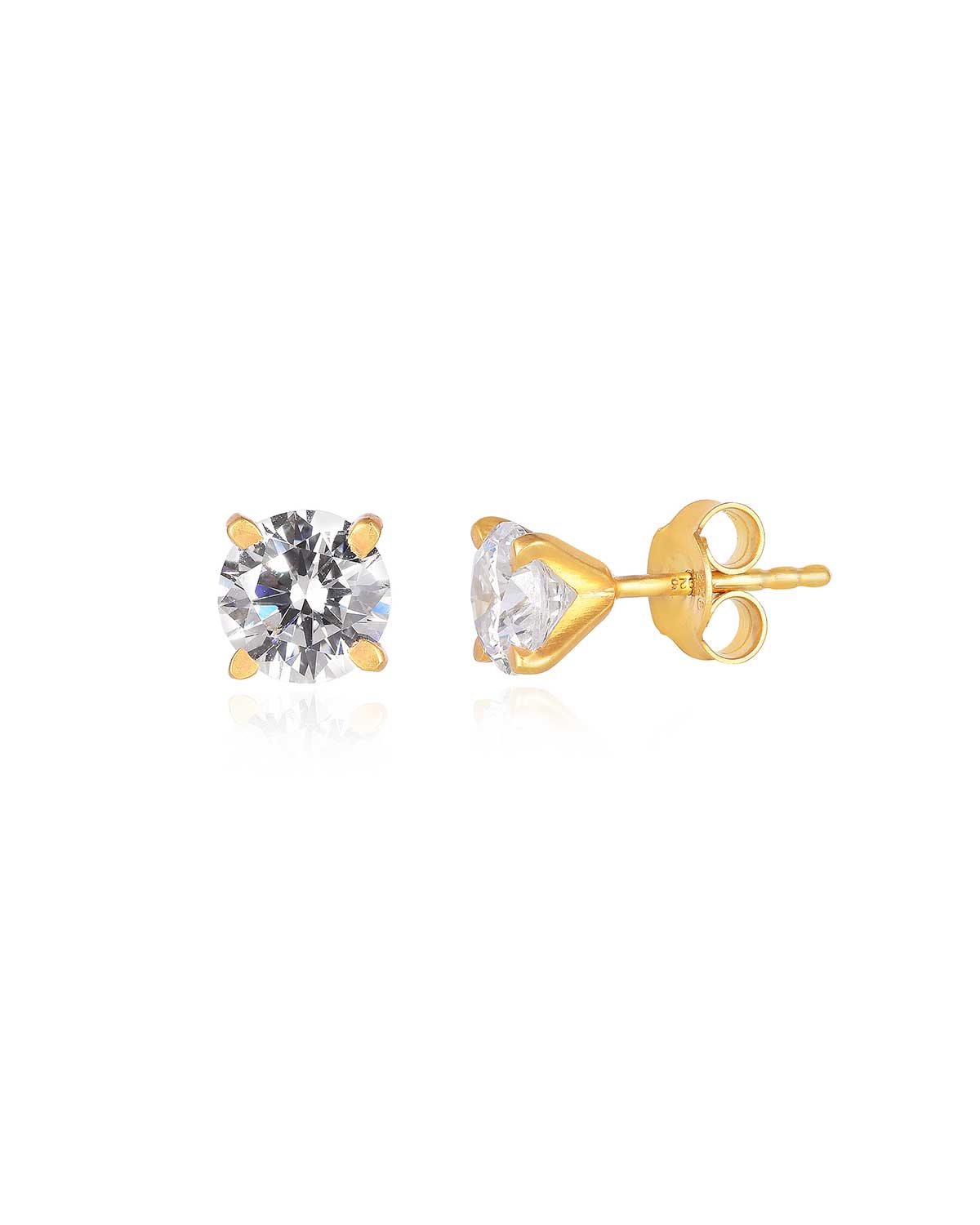 Gold stud earrings with sparkling white moissanite diamonds in a light matte finish