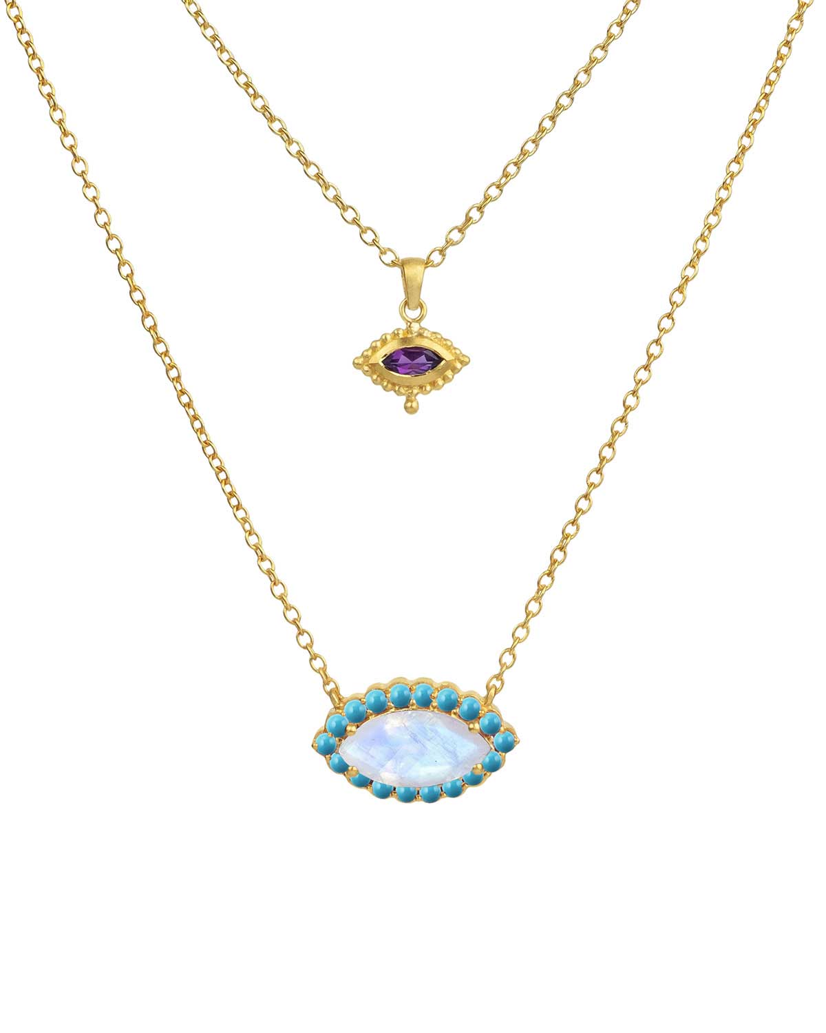 Gold eye necklace with turquoise and rainbow moonstone gemstones