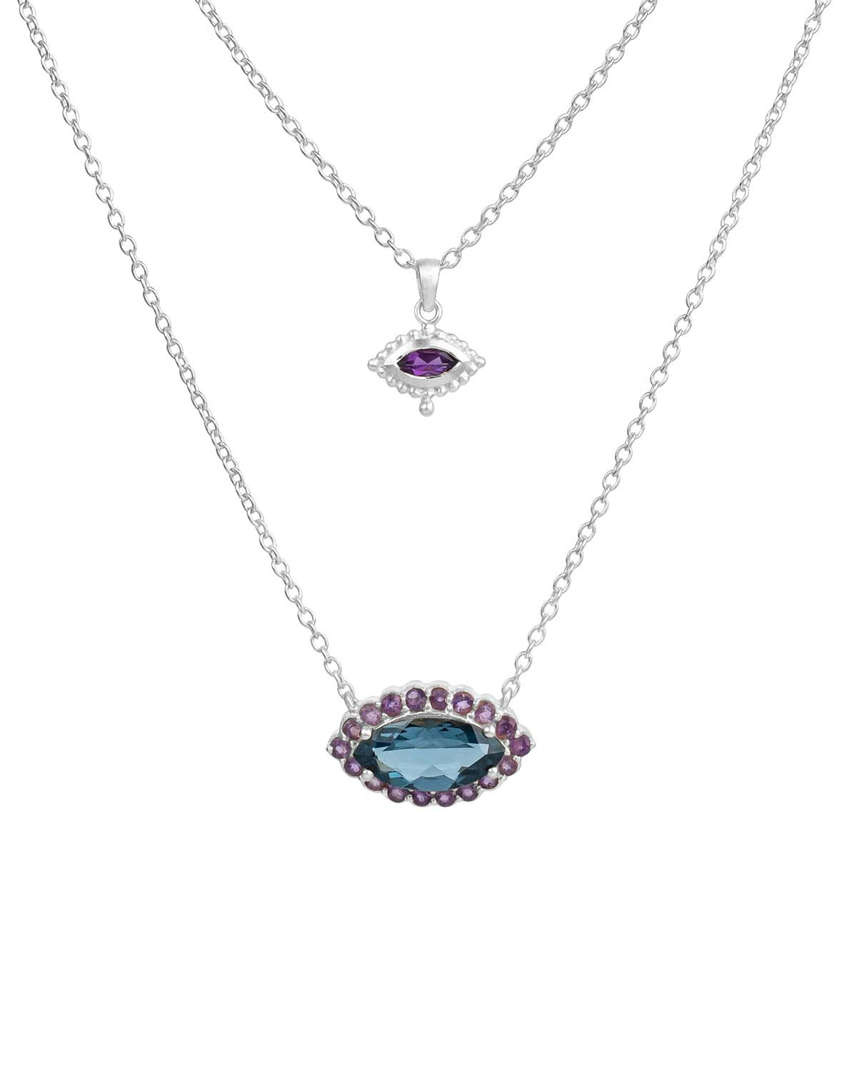 Front view of silver necklace with gemstone eye design