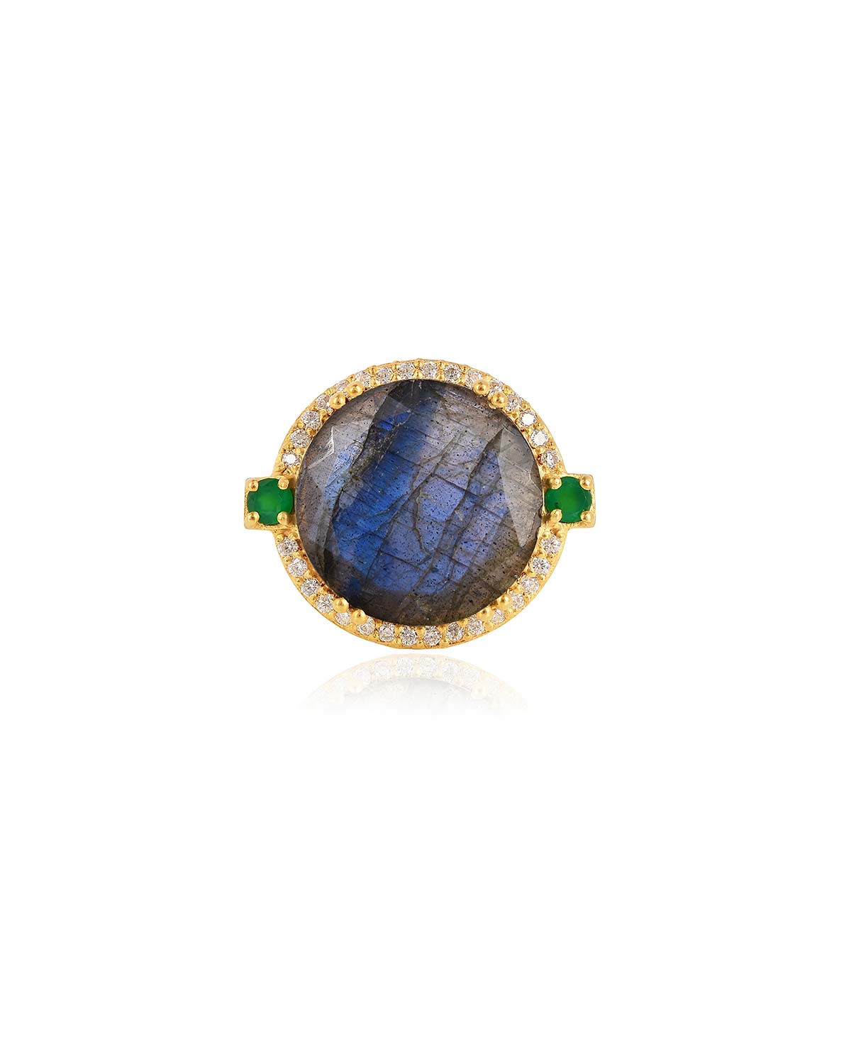 Front view of gold ring featuring black spinel gemstone and diamonds