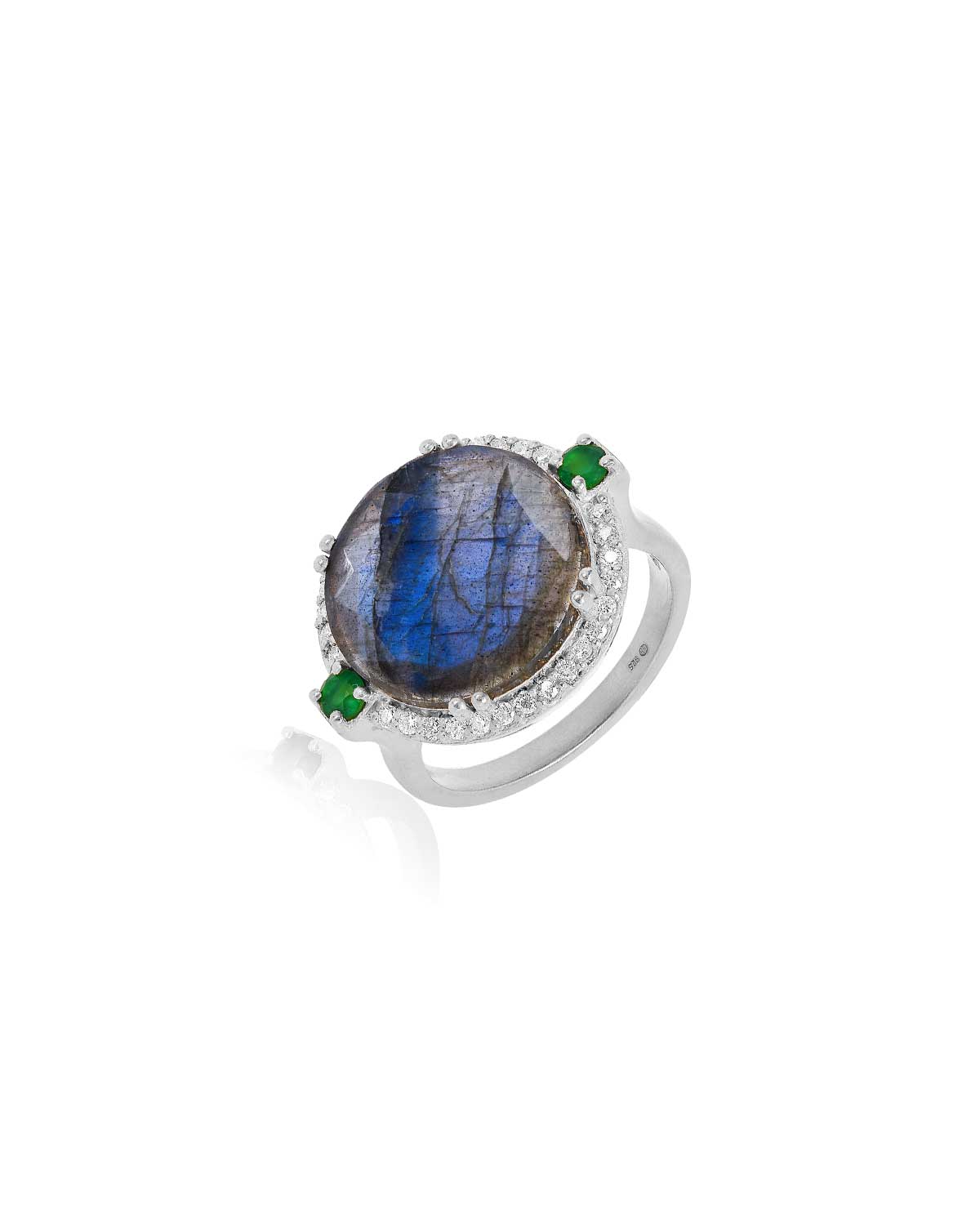 Silver ring with black spinel gemstone and diamond detail