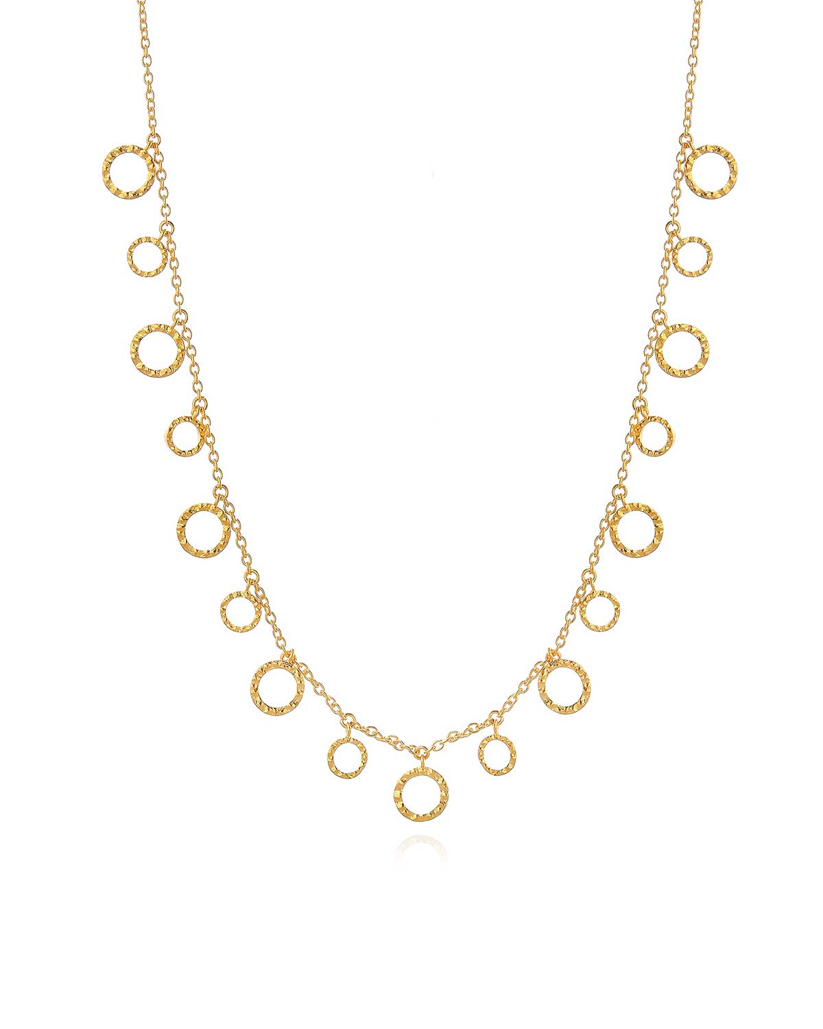 Gold adjustable necklace with a hand hammered round disc pendant