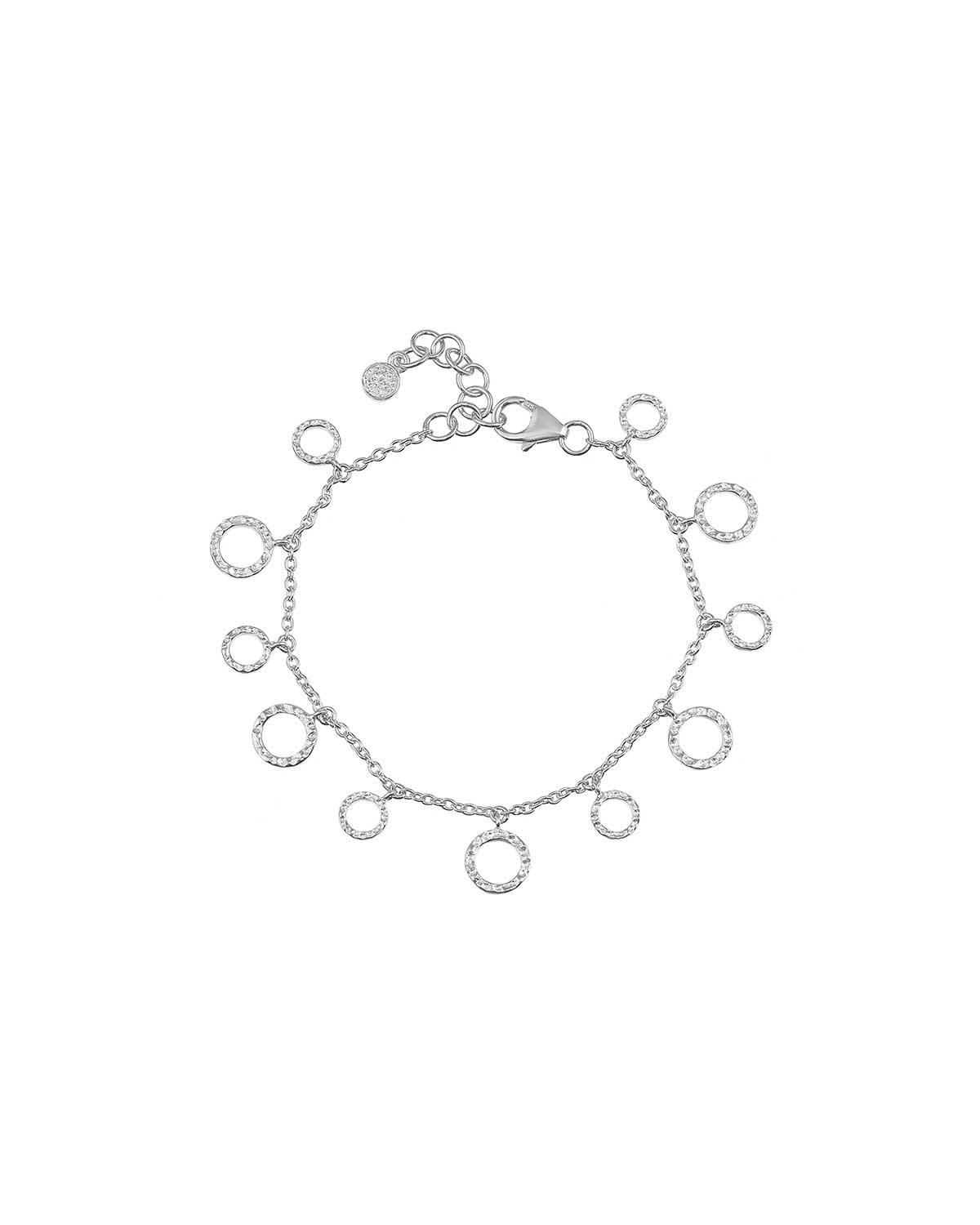 Silver adjustable bracelet with a hammered texture and circular charms