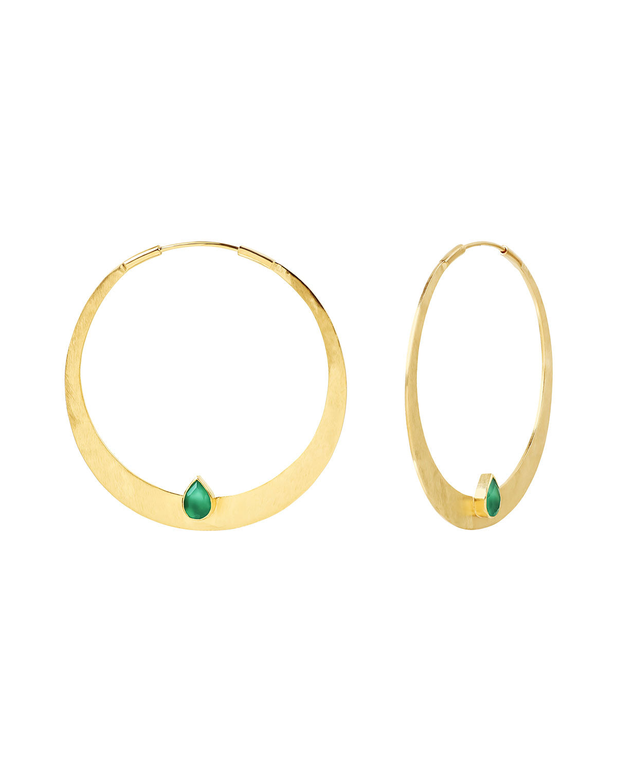 Large gold hoop earrings with green onyx gemstones and a polished finish