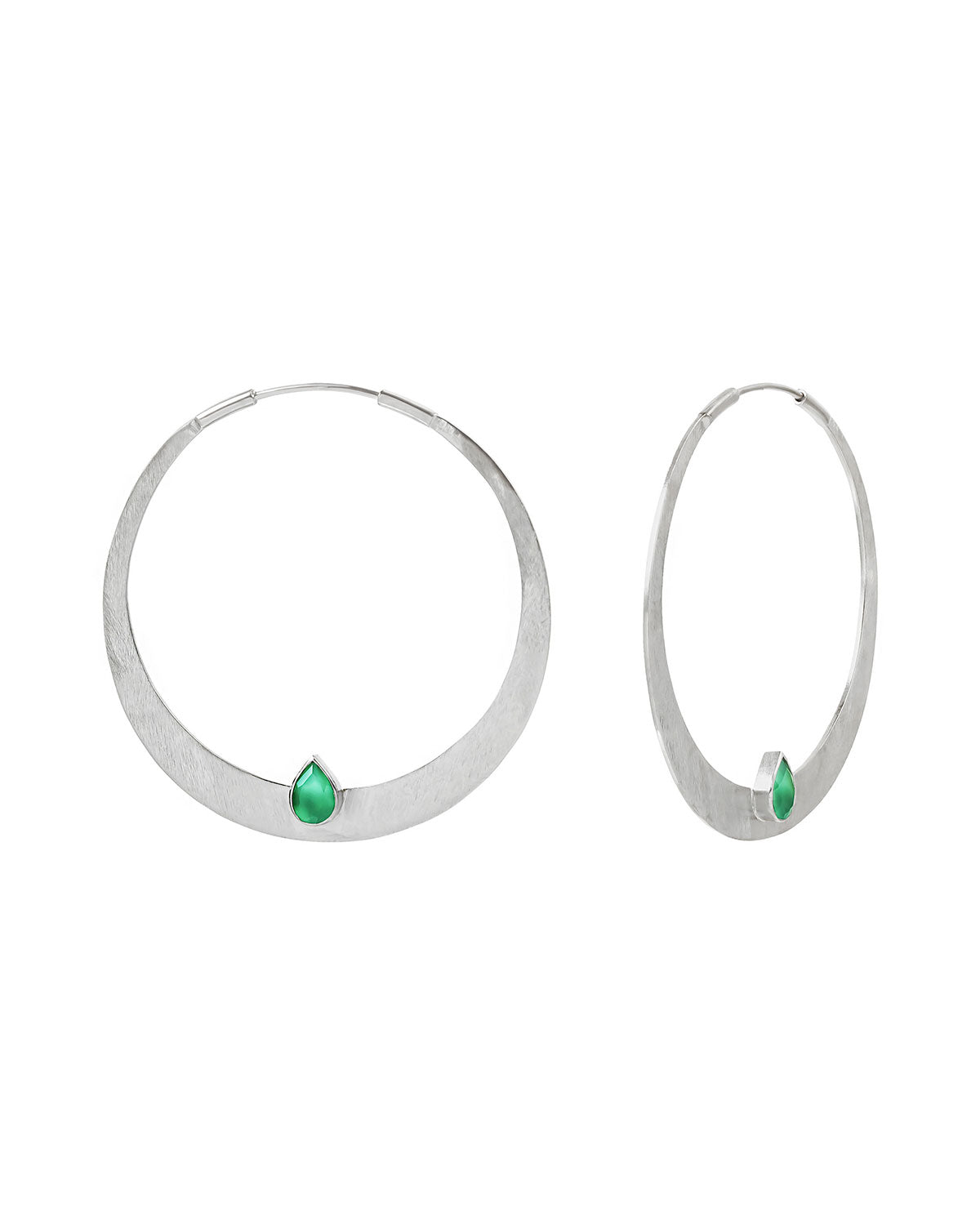 A pair of silver hoop earrings with emerald green onyx accents.
