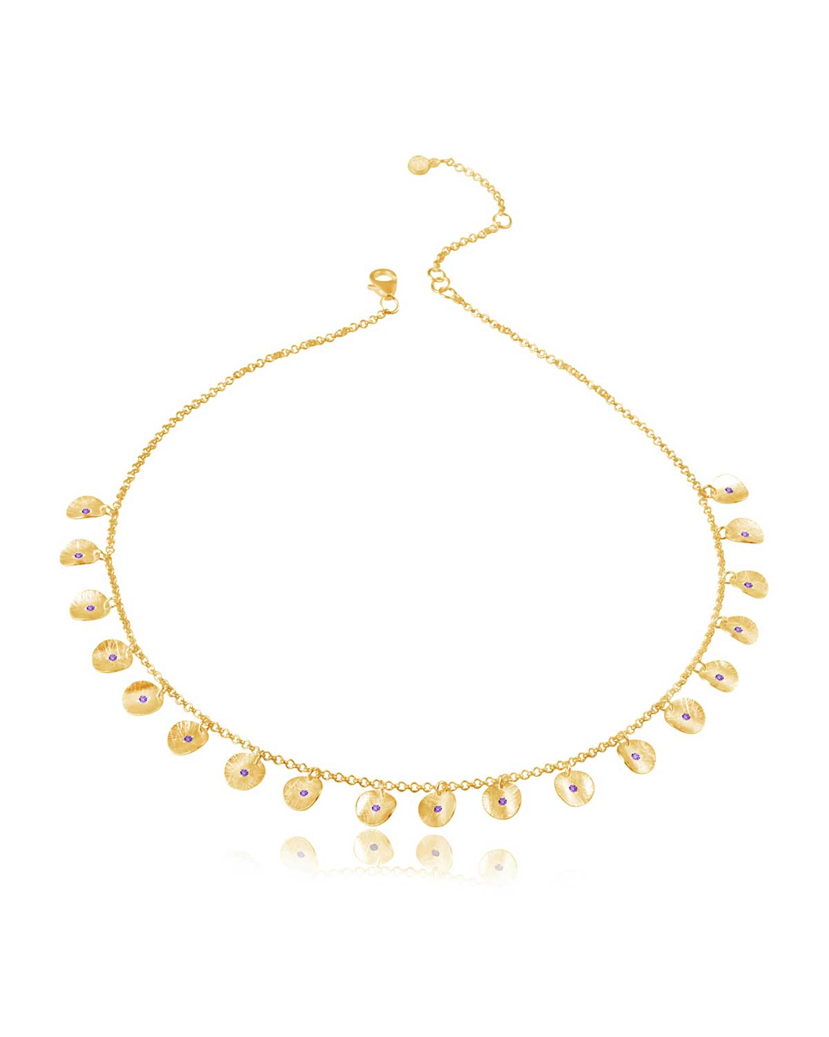 Bold gold necklace with amethyst and sparkling crystal accents