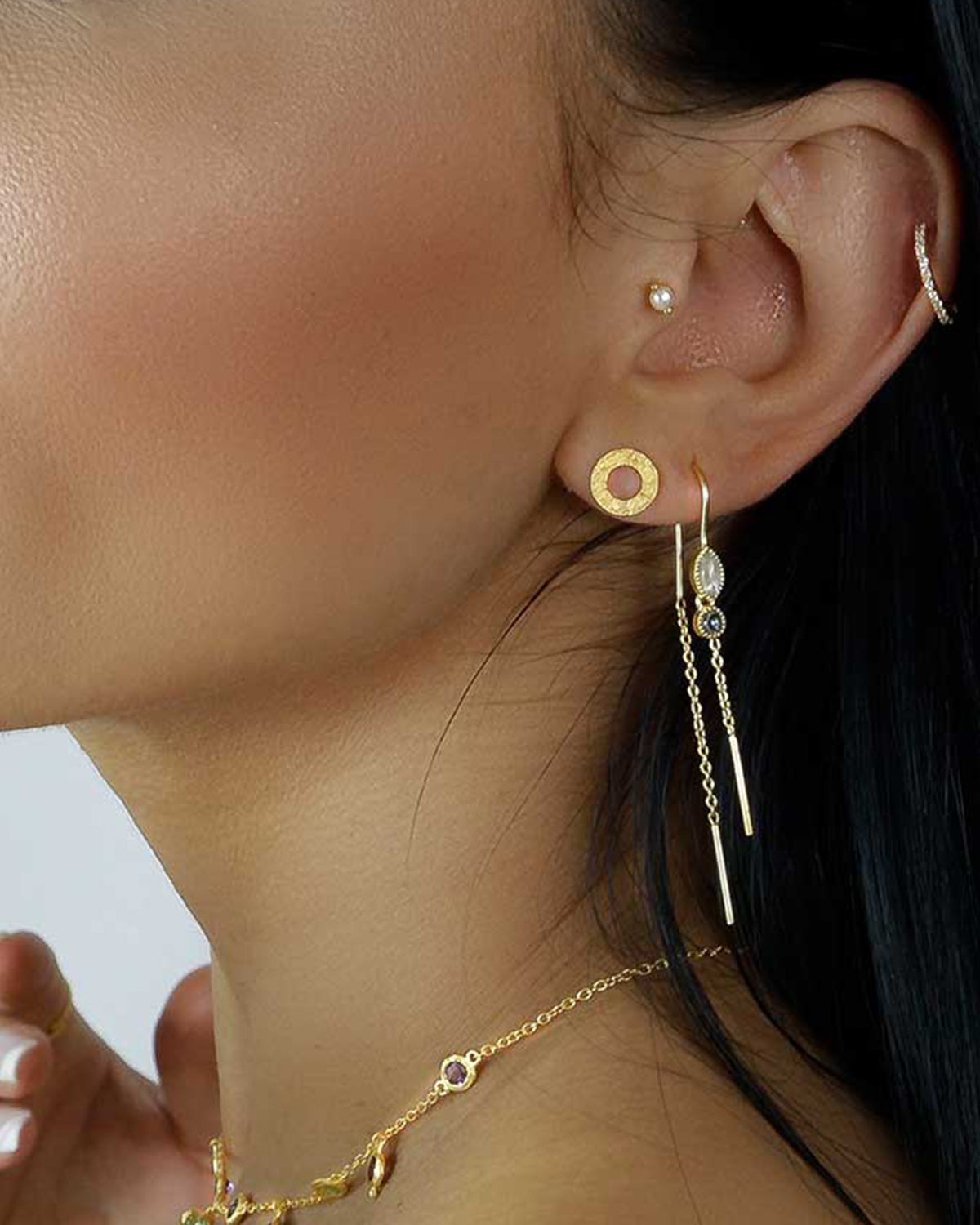 Gold earrings with rainbow moonstone and blue topaz gemstones