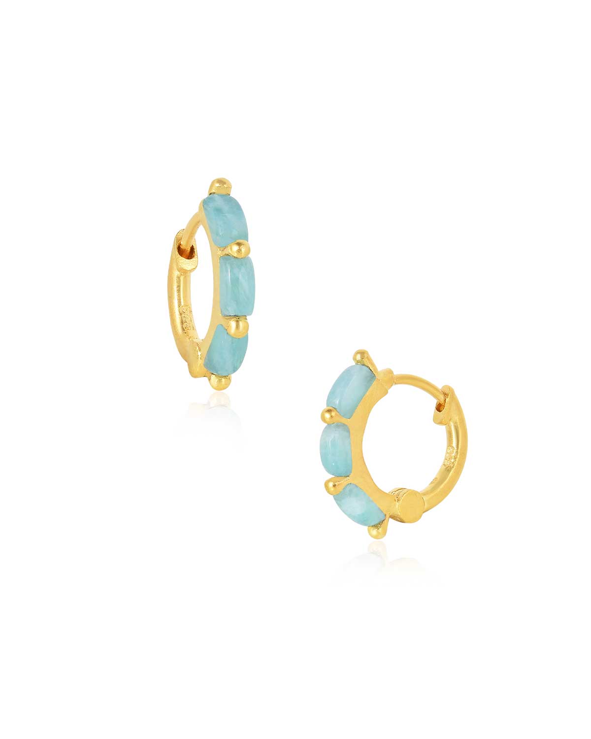Gold mini hoop earrings with baguette-cut amazonite gemstones and a polished finish