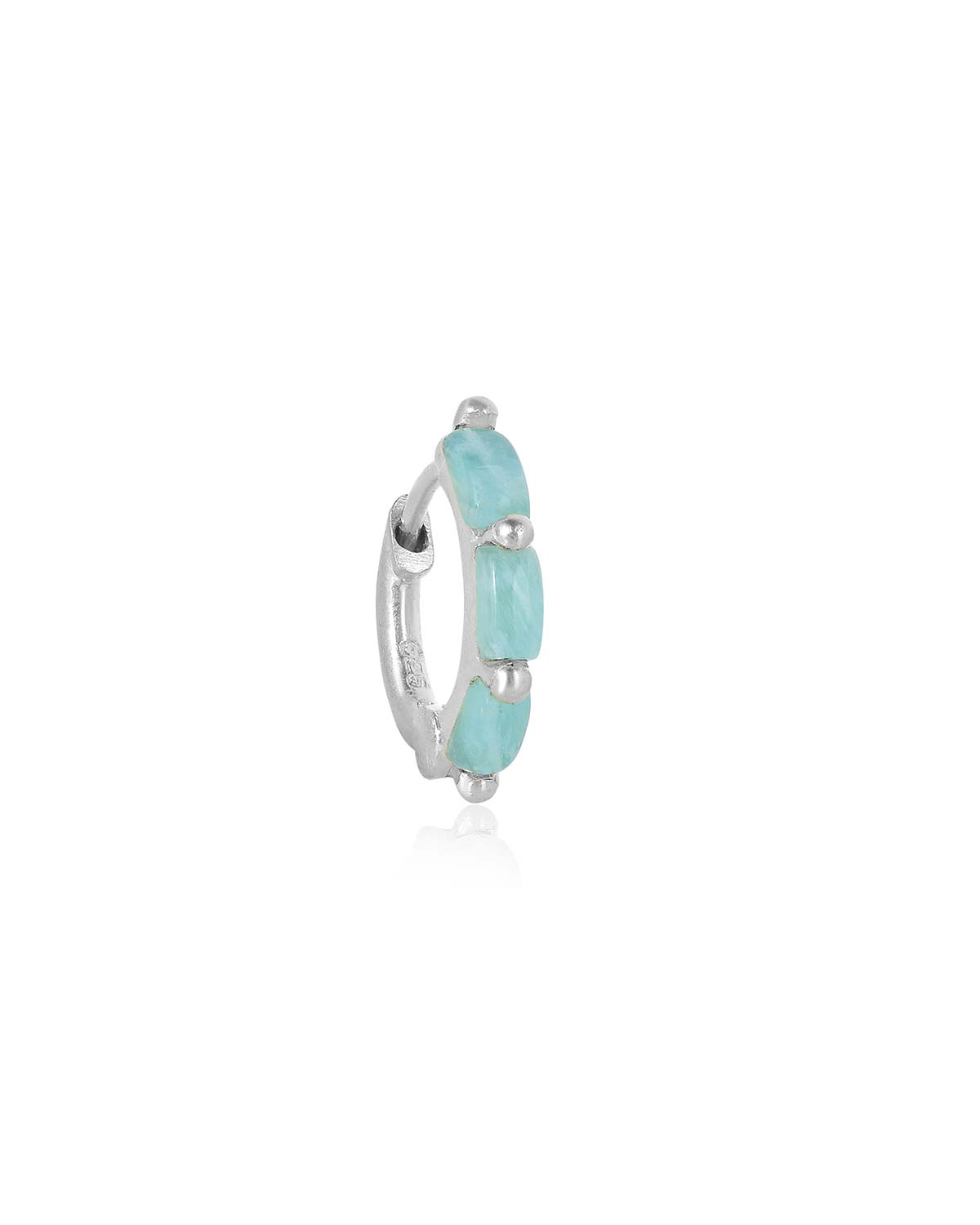 Lightweight silver mini hoop earrings with amazonite gemstones for comfortable wear
